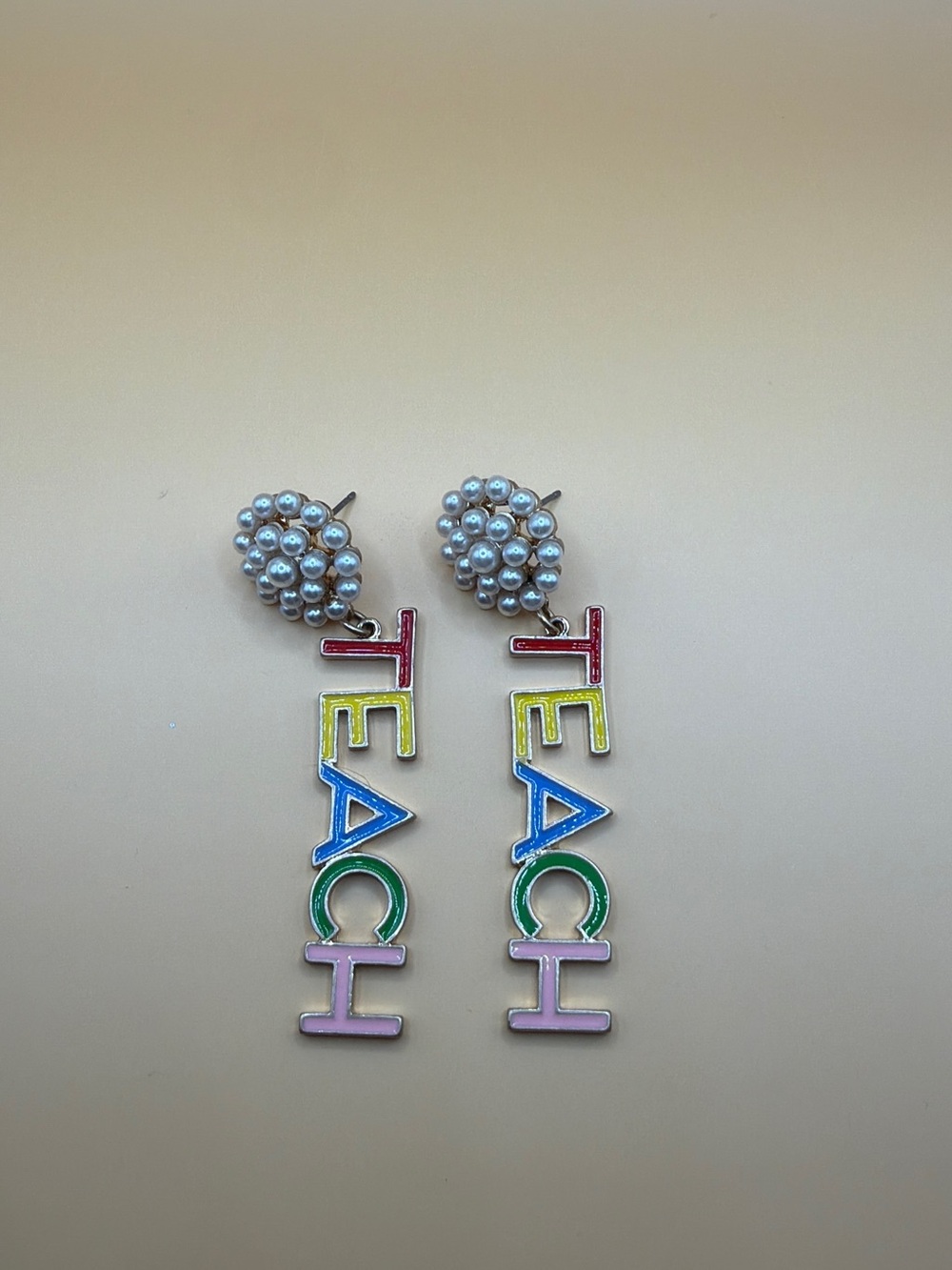 TEACH Multicolor Letter Drop Earrings with Pearl Cluster Studs